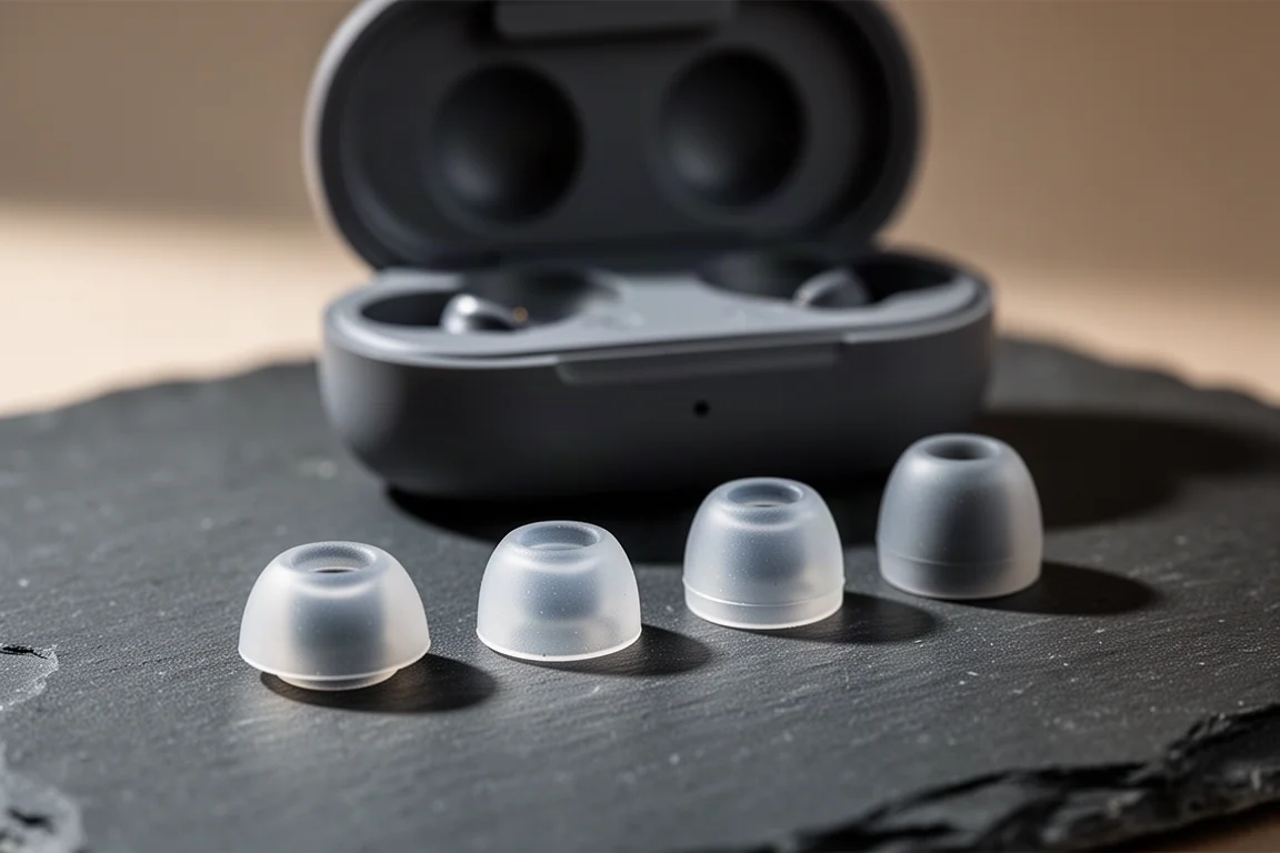 Silicone ear tips in graduated sizes arranged in a row on a slate surface
