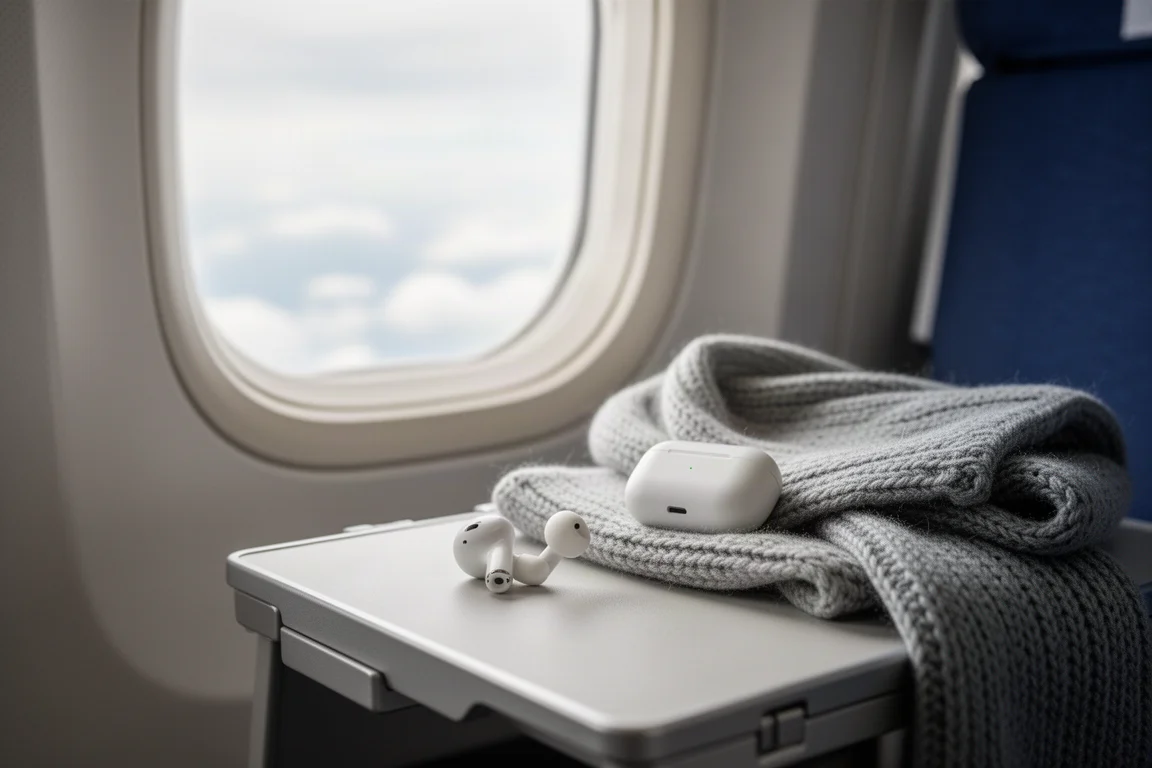 Earbud charging case and grey scarf on an aircraft tray table by the window