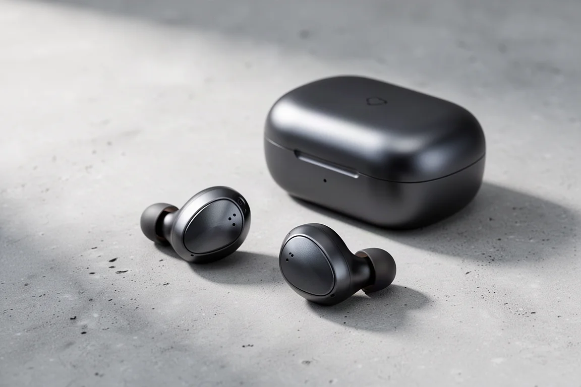Premium true wireless earbuds and charging case on a matte concrete surface