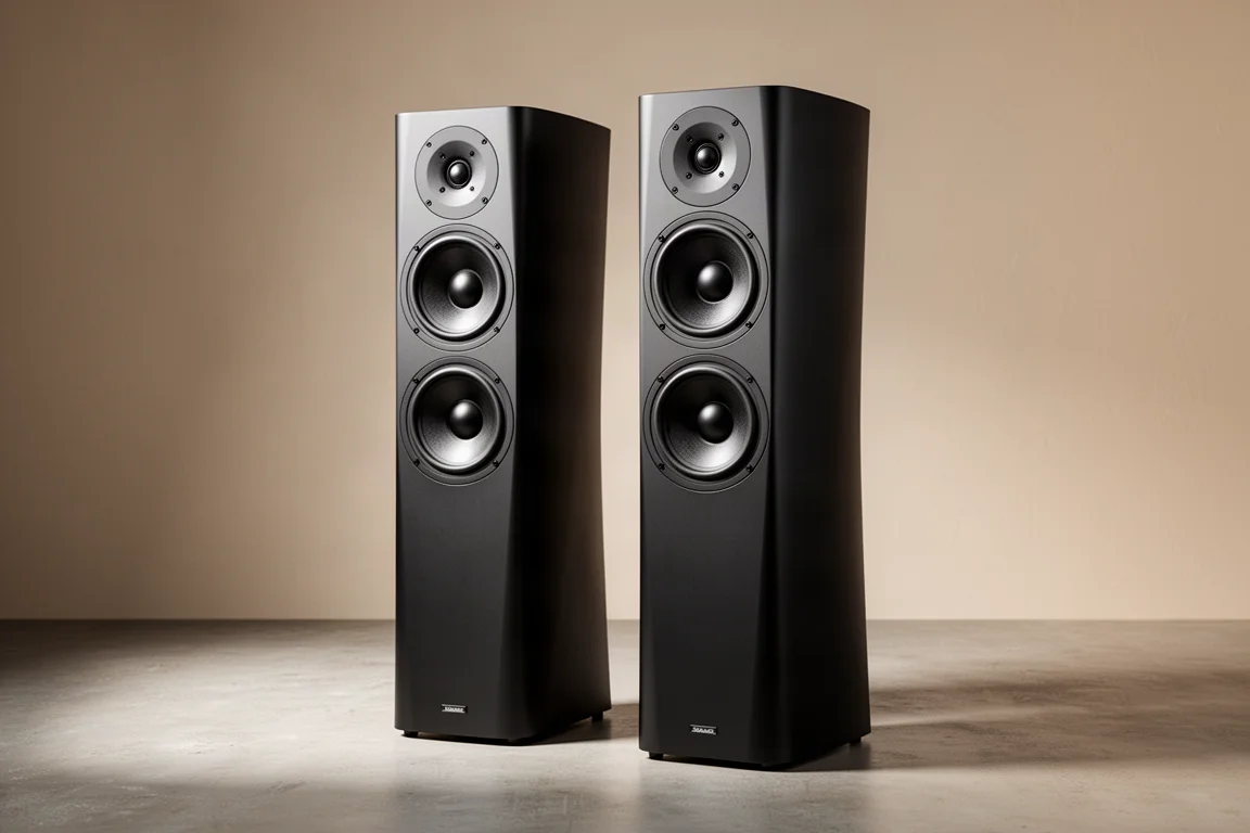 Pair of matte black Technics G90 Mark II floorstanding tower speakers on a concrete floor