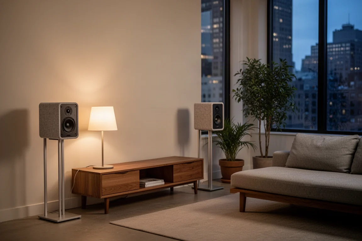 Setup desktop nearfield con due diffusori compatti rivestiti in tessuto accanto a un monitor su una scrivania in legno