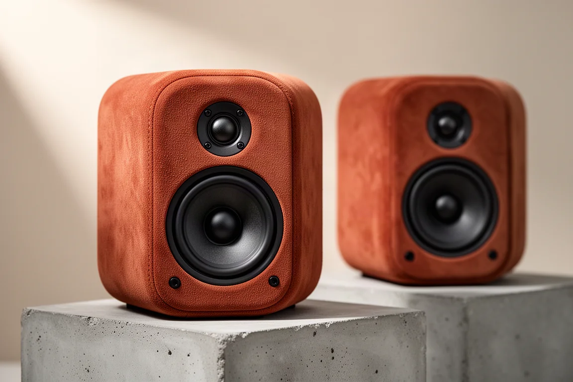 Pair of compact fabric-wrapped active streaming loudspeakers on a matte concrete surface