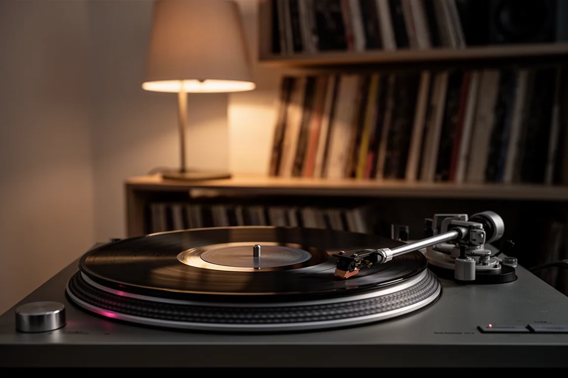 Sala d'ascolto in penombra di notte con un giradischi che suona un disco in vinile
