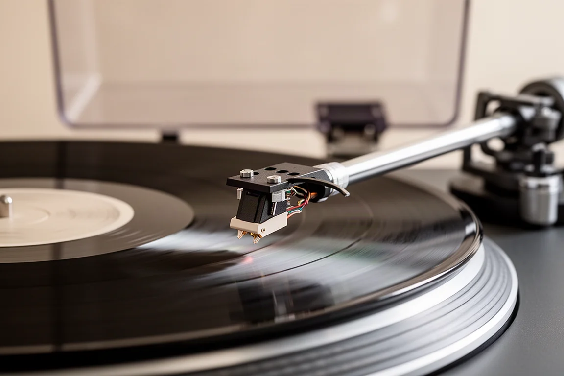 Vista macro di un braccio dritto e della testina sopra un disco in vinile in rotazione
