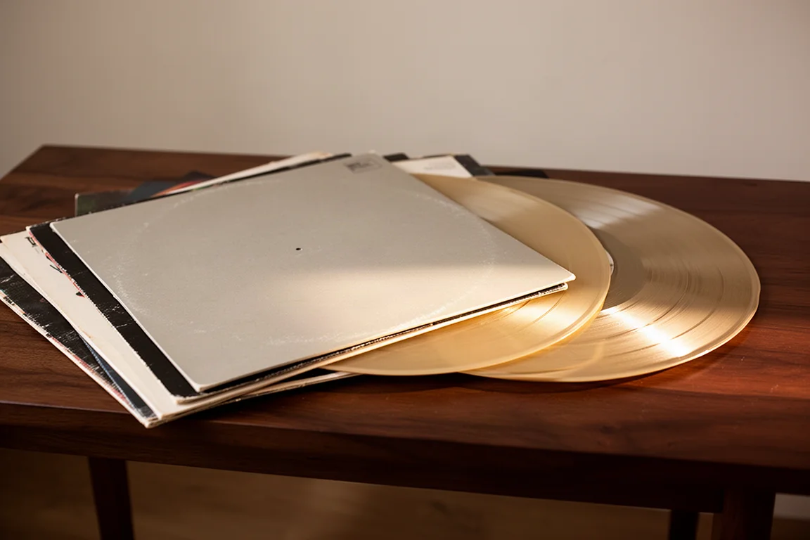 Dischi in vinile disposti a ventaglio su un tavolo in noce scuro con luce laterale calda