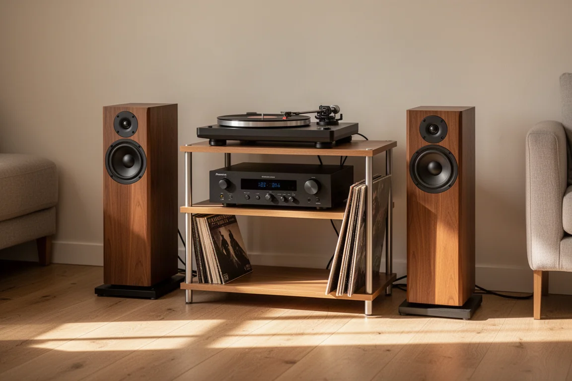 Rack hi-fi compatto con giradischi e diffusori in un soggiorno illuminato dal sole