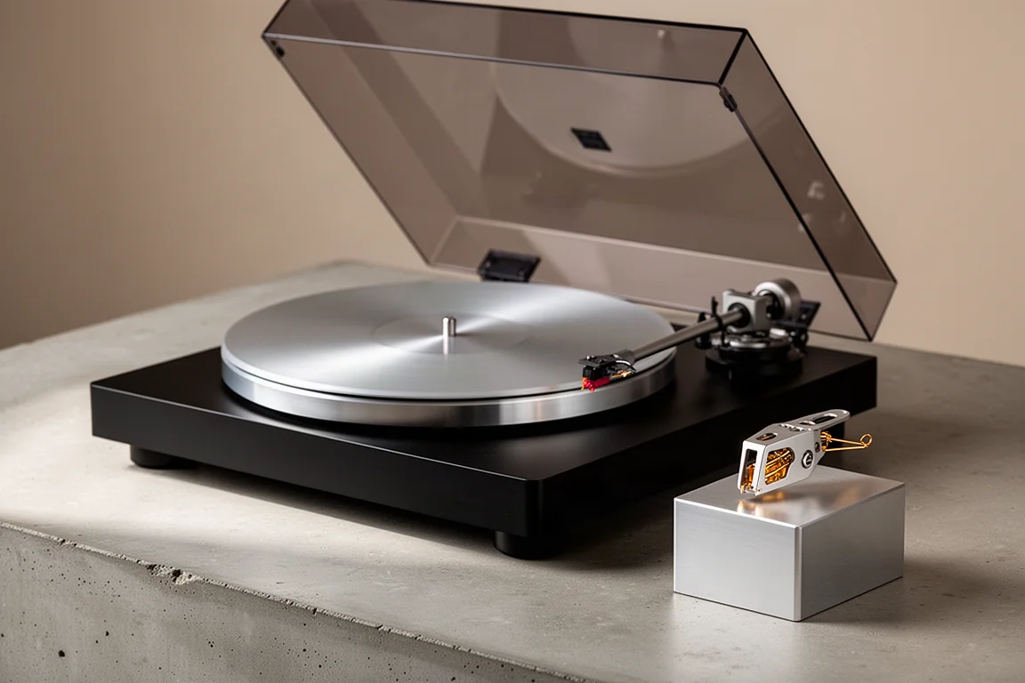 Direct drive turntable with open dust cover next to a single-piece moving coil cartridge