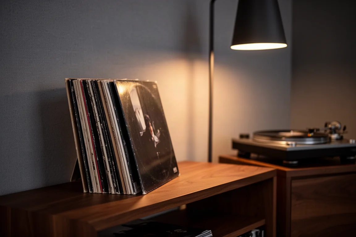 Sala de escucha silenciosa al atardecer con discos de vinilo y un tocadiscos desenfocado detrás