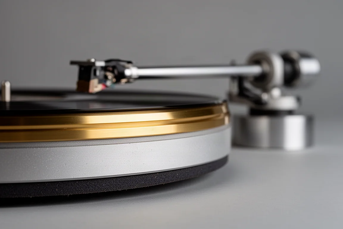 Vista macro del borde del plato de un tocadiscos que muestra capas de latón, aluminio y goma