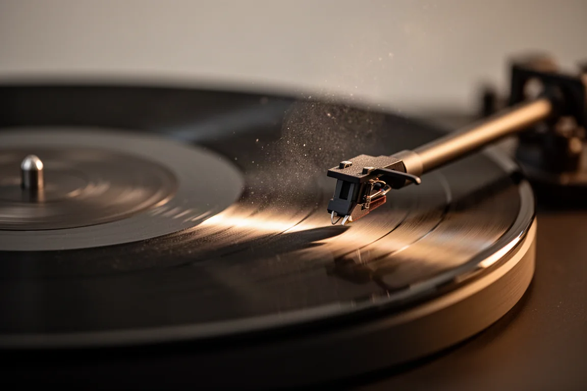 Primer plano de una aguja siguiendo un disco de vinilo en movimiento bajo una luz cálida