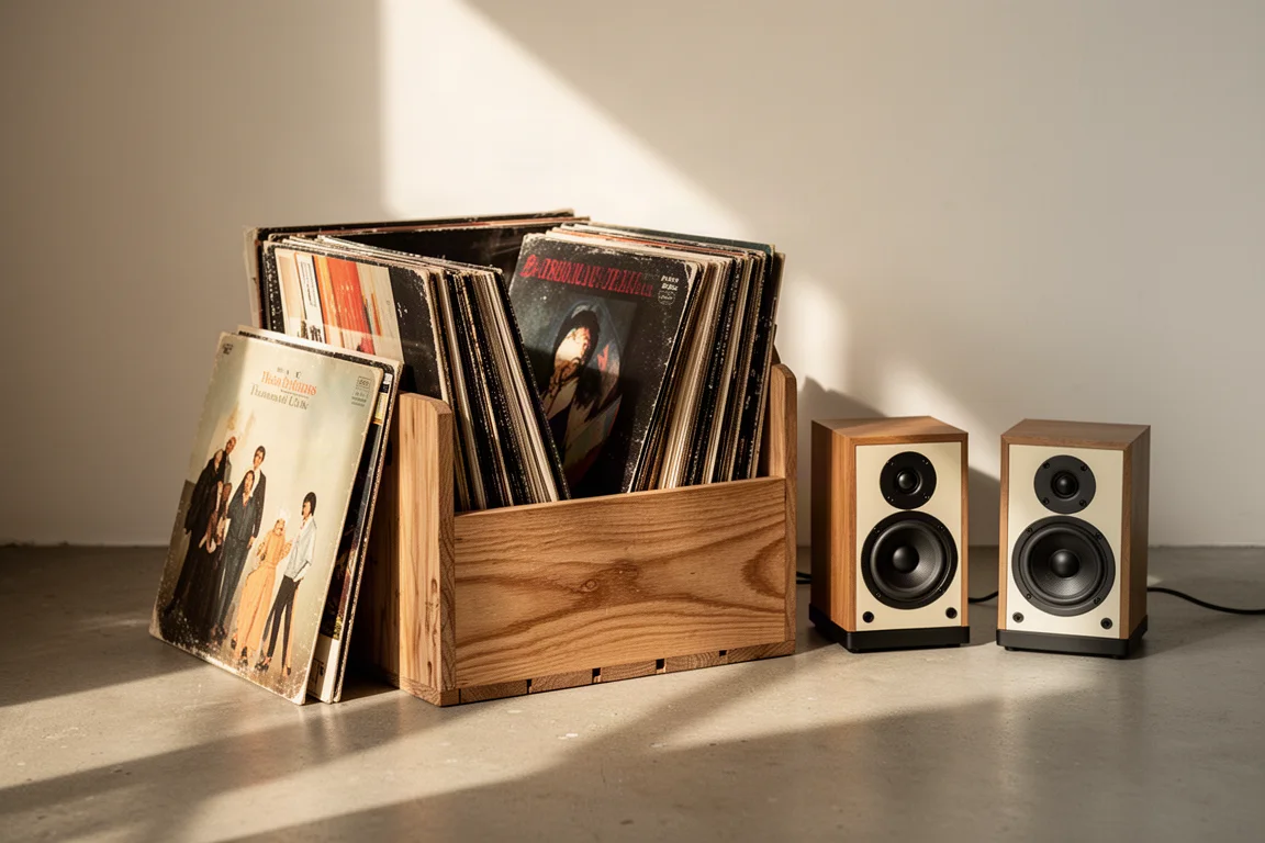 Caja de madera con álbumes de vinilo junto a pequeños altavoces montados sobre soportes