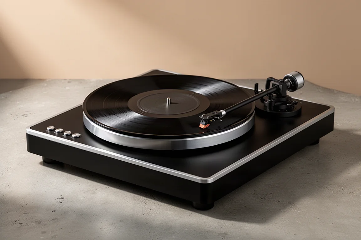 Black direct-drive turntable with a vinyl record on a matte concrete surface