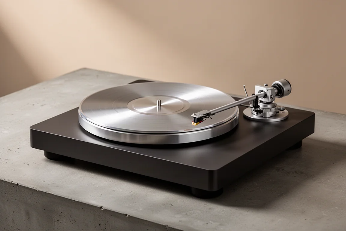 High-end direct drive turntable with diecast aluminum platter and slim tonearm on concrete