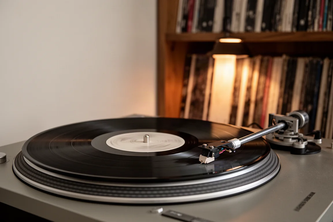 Vinylskiva som snurrar på en direktdriven skivspelare i ett tyst lyssningsrum