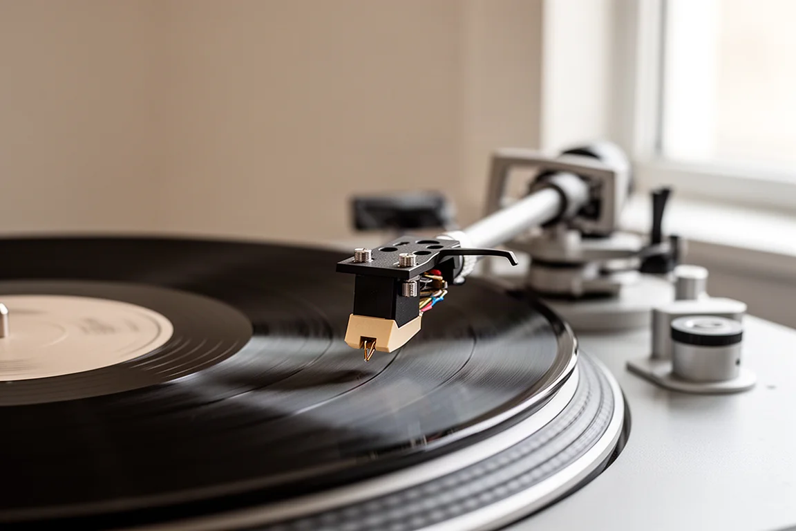 Närbild på en tonarm och headshell som sänker en nål mot en vinylskiva