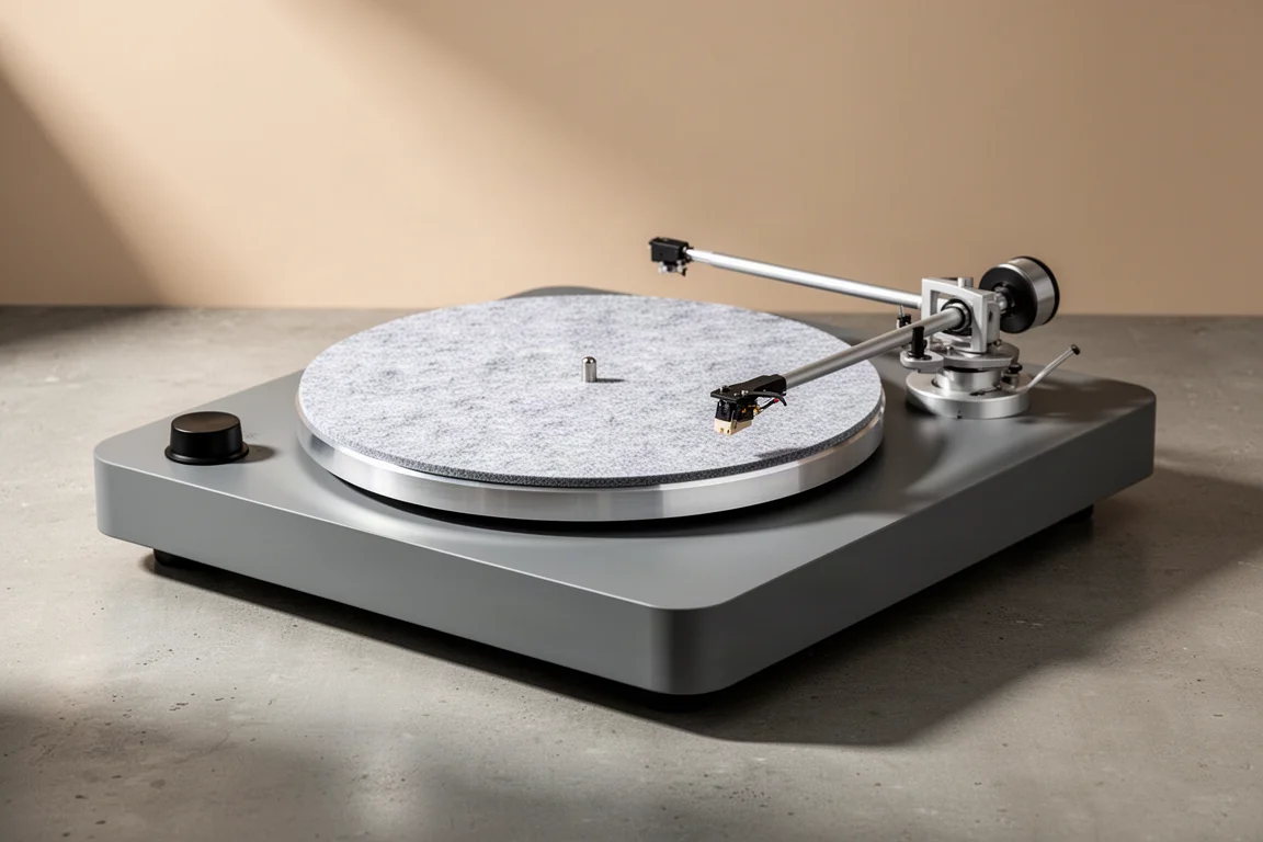 Grey direct drive turntable with tonearm and felt mat on a concrete surface