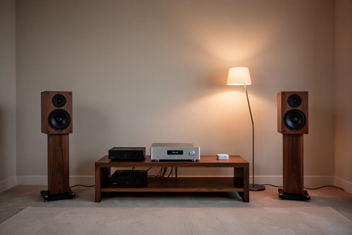 Dämmerig beleuchteter Hörraum mit Hi-Fi-Rack und auf Ständern montierten Lautsprechern