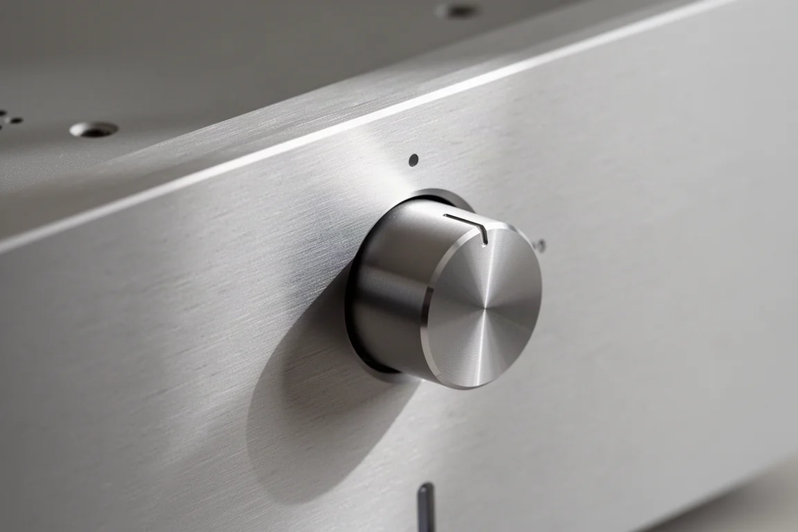 Nahaufnahme einer gebürsteten Aluminium-Frontplatte eines Verstärkers und des Lautstärkereglers