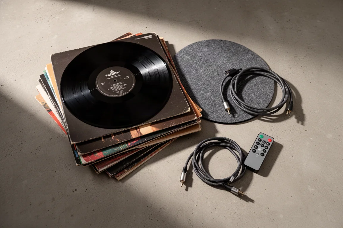 Draufsicht auf Schallplatten, Slipmat, Lautsprecherkabel und Fernbedienung auf Beton