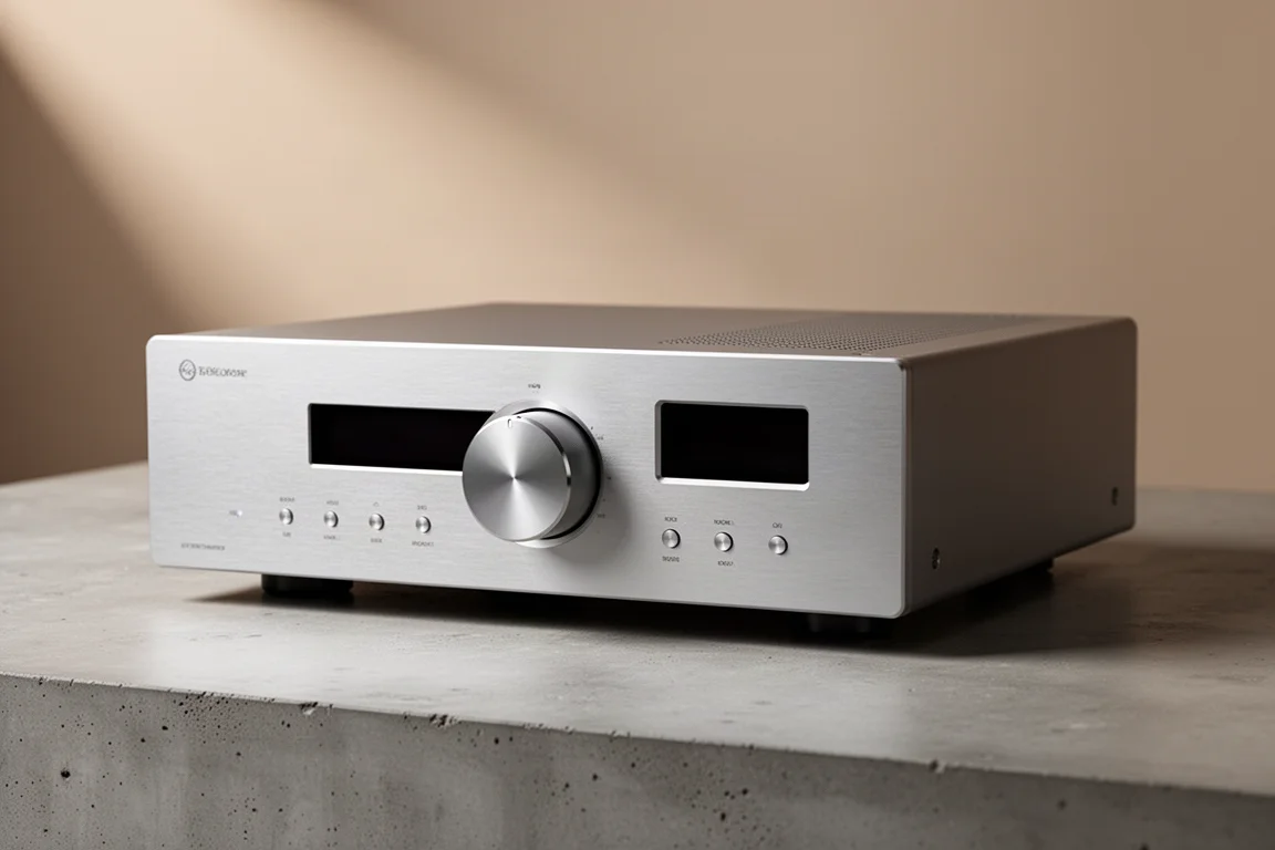 Slim silver integrated stereo amplifier with a large volume knob on a concrete surface