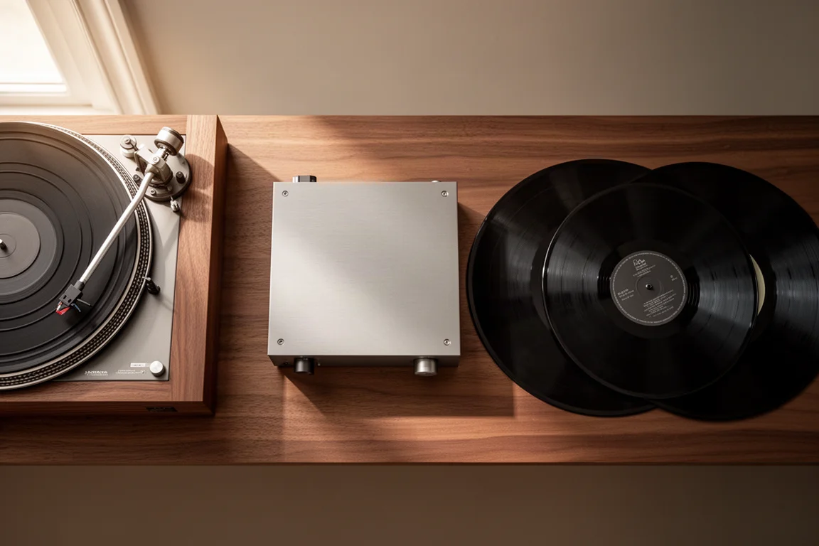 Overhead flat-lay of a turntable, amplifier and vinyl records on a wooden surface