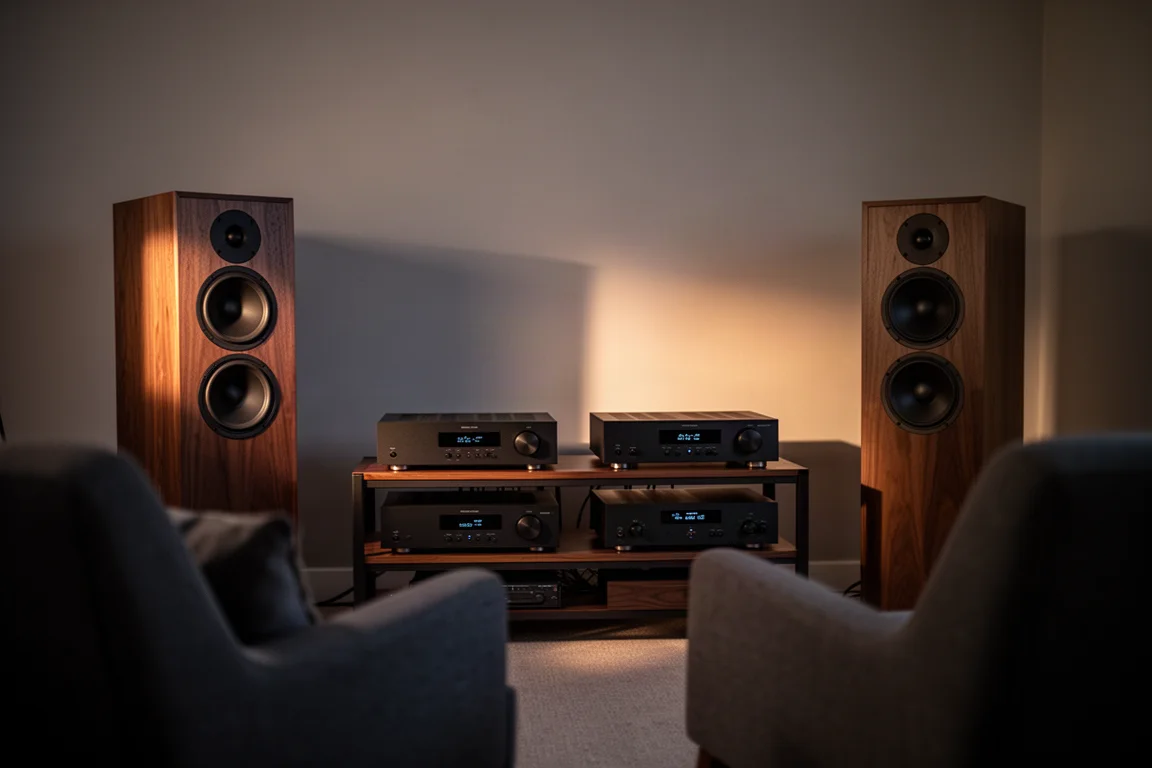 Dim listening room at dusk with two floorstanding speakers lit by warm lamplight