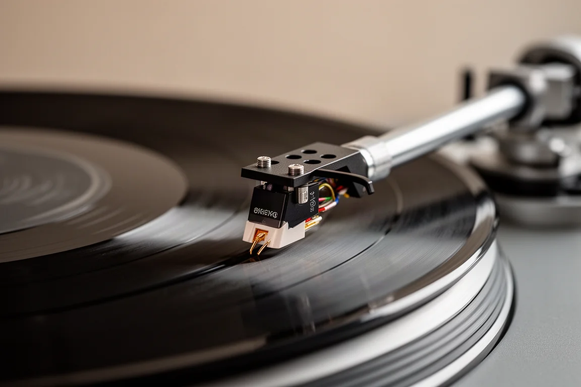 Close-up of a turntable tonearm and stylus tracking a vinyl record groove