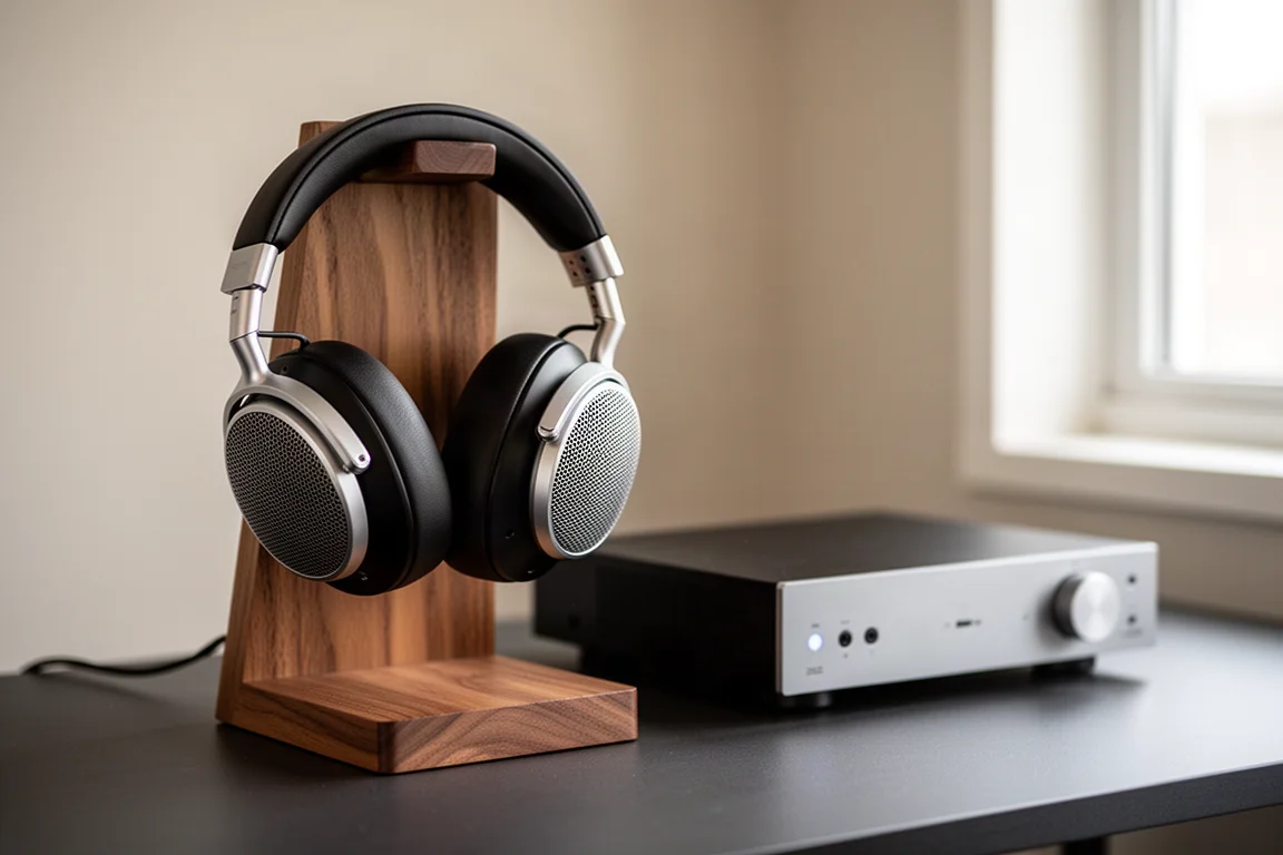 Open-back planar headphones on a wooden stand beside a slim amplifier on a desk