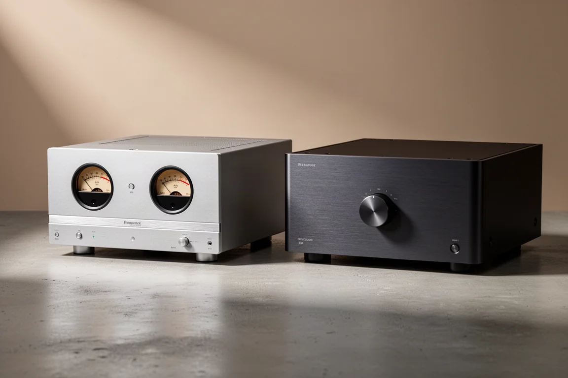 Silver and dark stereo integrated amplifiers side by side on a concrete surface