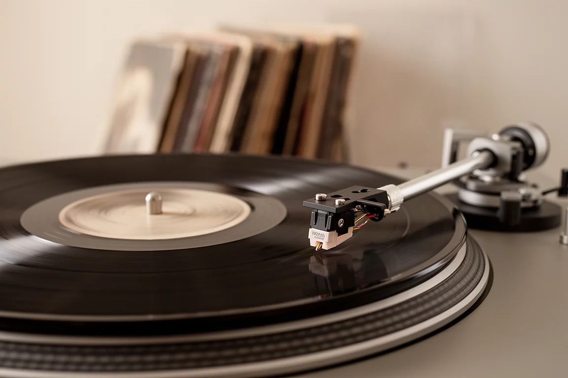 Vinylskiva som snurrar på en skivspelare med tonarmen i skarpt fokus
