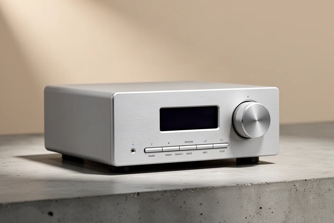Silver-grey integrated hi-fi amplifier with large volume knob on a concrete surface