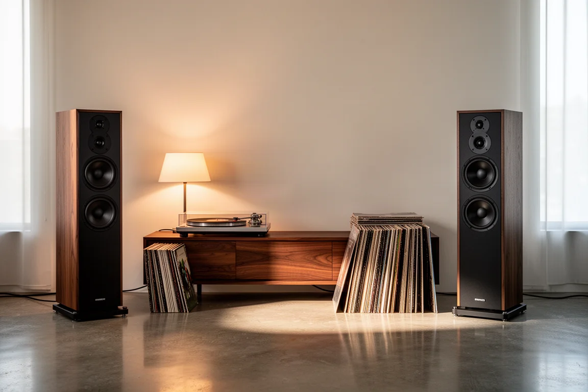 Minimalistiskt lyssningsrum med golvhögtalare, skivspelare och vinylskivor i skymningen
