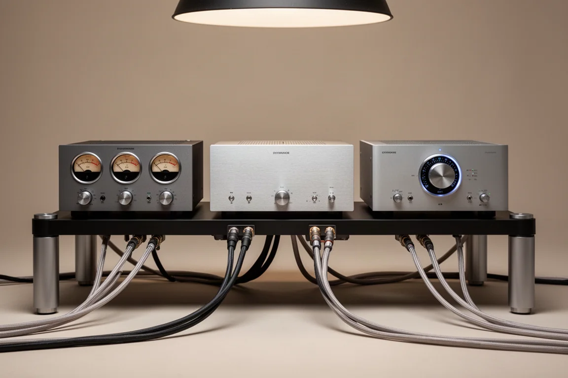 Tre integrerade förstärkare sida vid sida på ett hi-fi-ställ med högtalarkablar