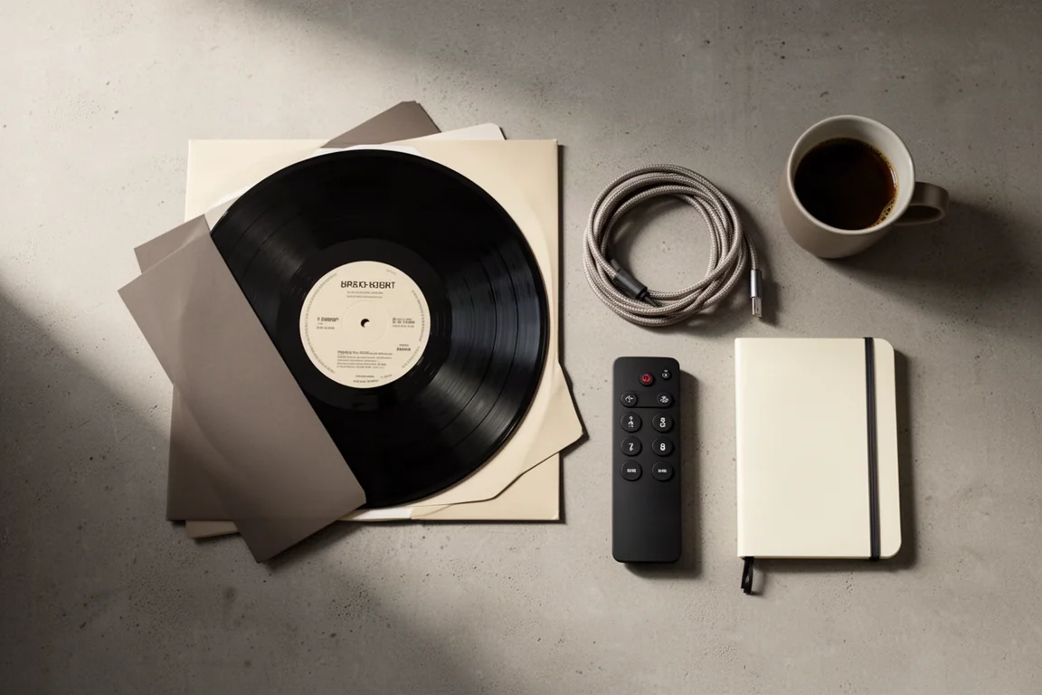Ovanifrån liggande vinylskiva, högtalarkabel, fjärrkontroll och kaffekopp