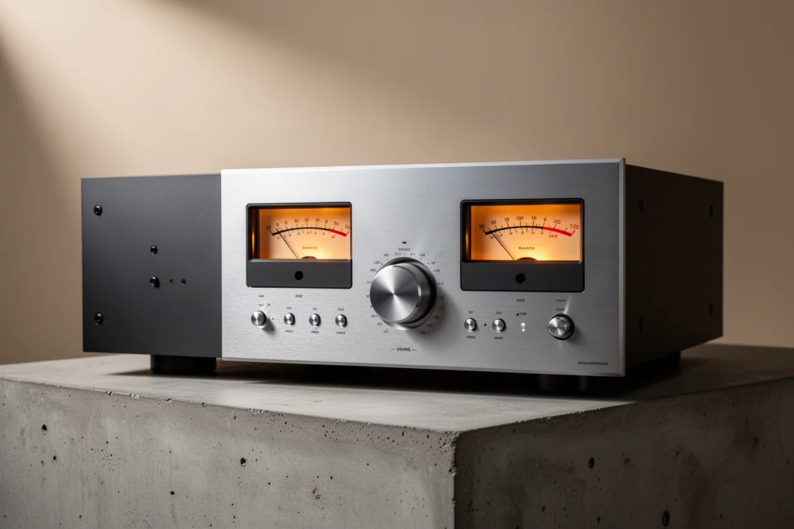Large integrated amplifier with brushed aluminium panel, analog VU meters and central volume dial