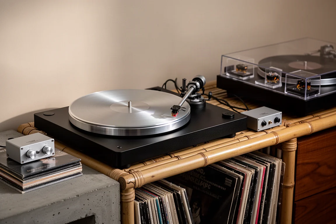 Direct drive turntable with phono preamp and vinyl records on a bamboo shelf