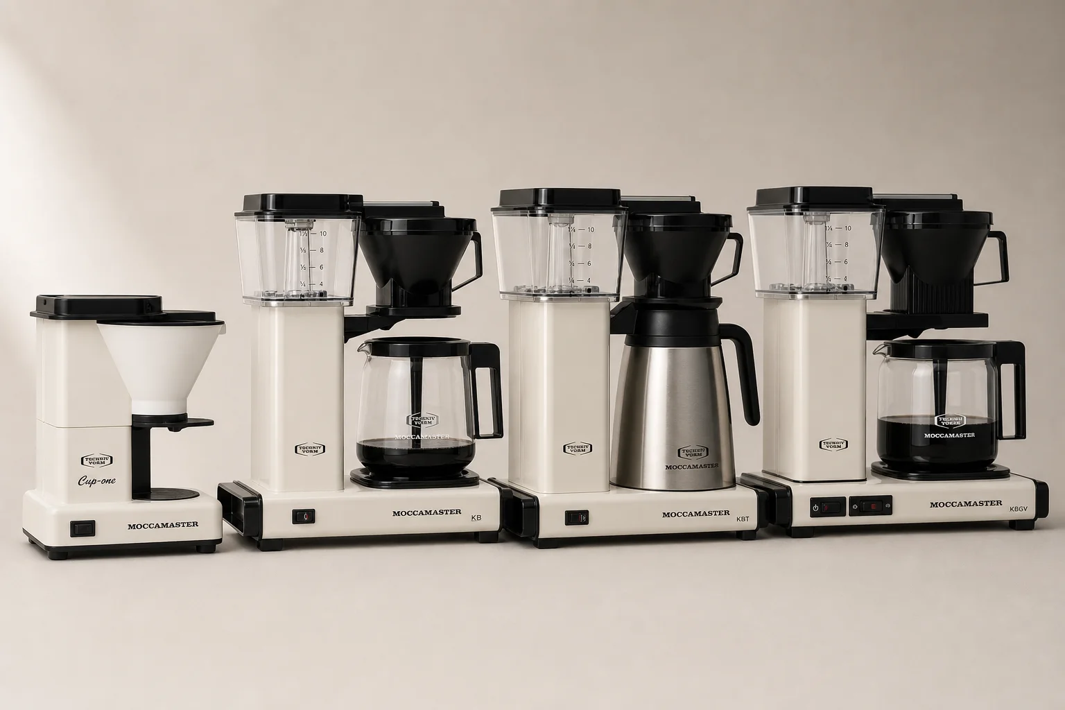 四款 Technivorm Moccamaster 咖啡機在簡約背景下一字排開
