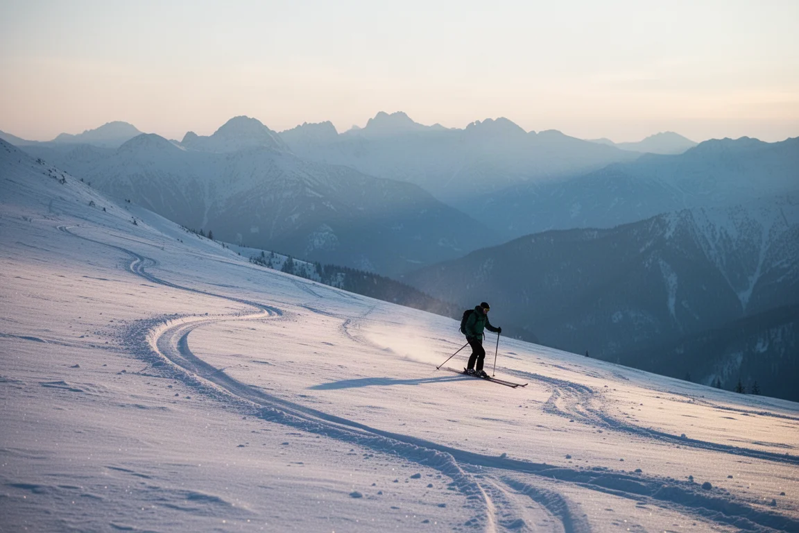 Skieuse peaux de phoque en montée sur une pente enneigée au lever du soleil, montagnes en arrière-plan