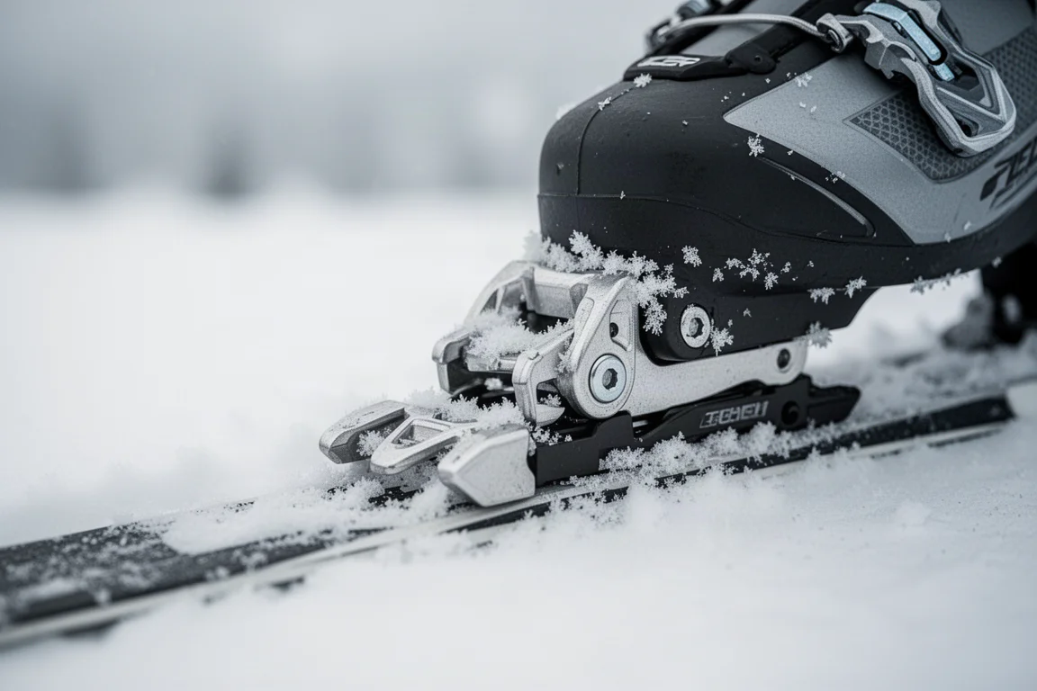 Gros plan sur les inserts tech d'une chaussure de ski s'engageant dans la butée d'une fixation tech dans la neige