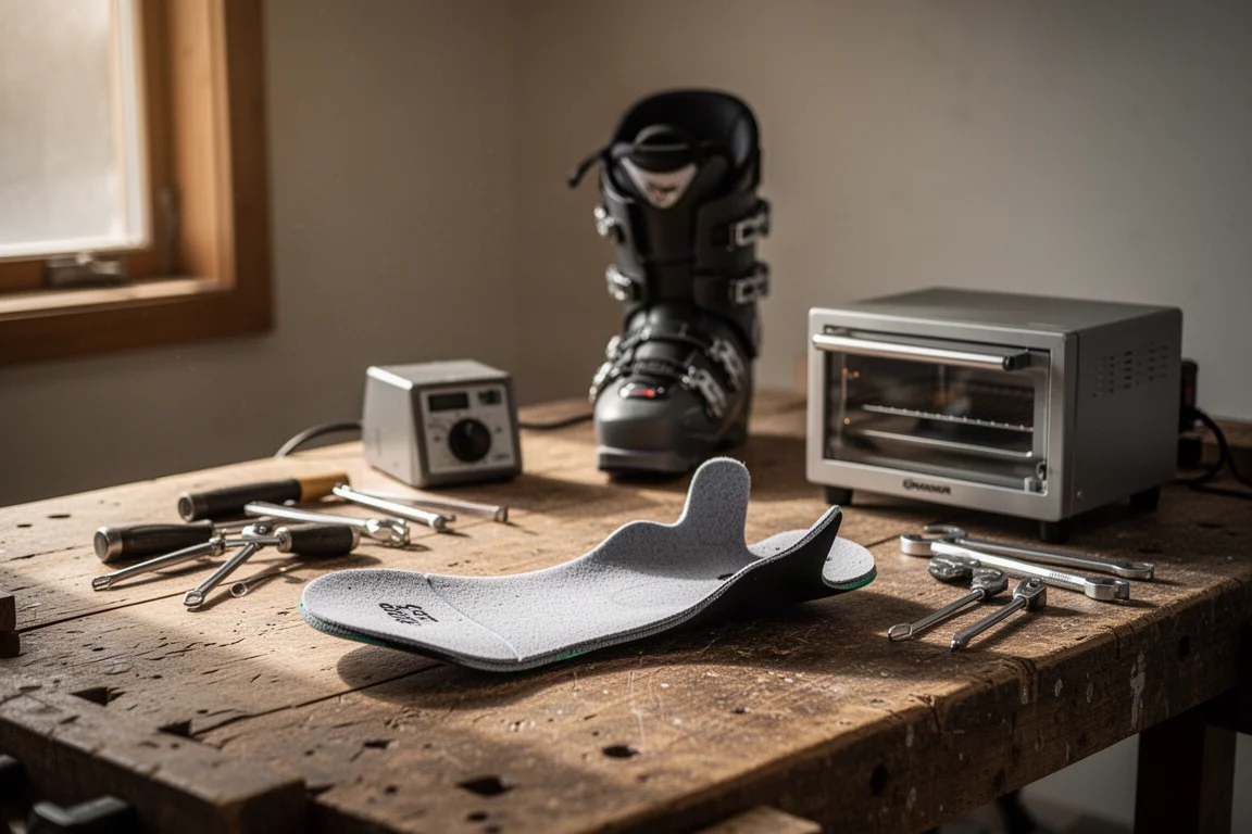 Chausson de chaussure de ski posé sur un établi d'atelier à côté d'un équipement de thermoformage