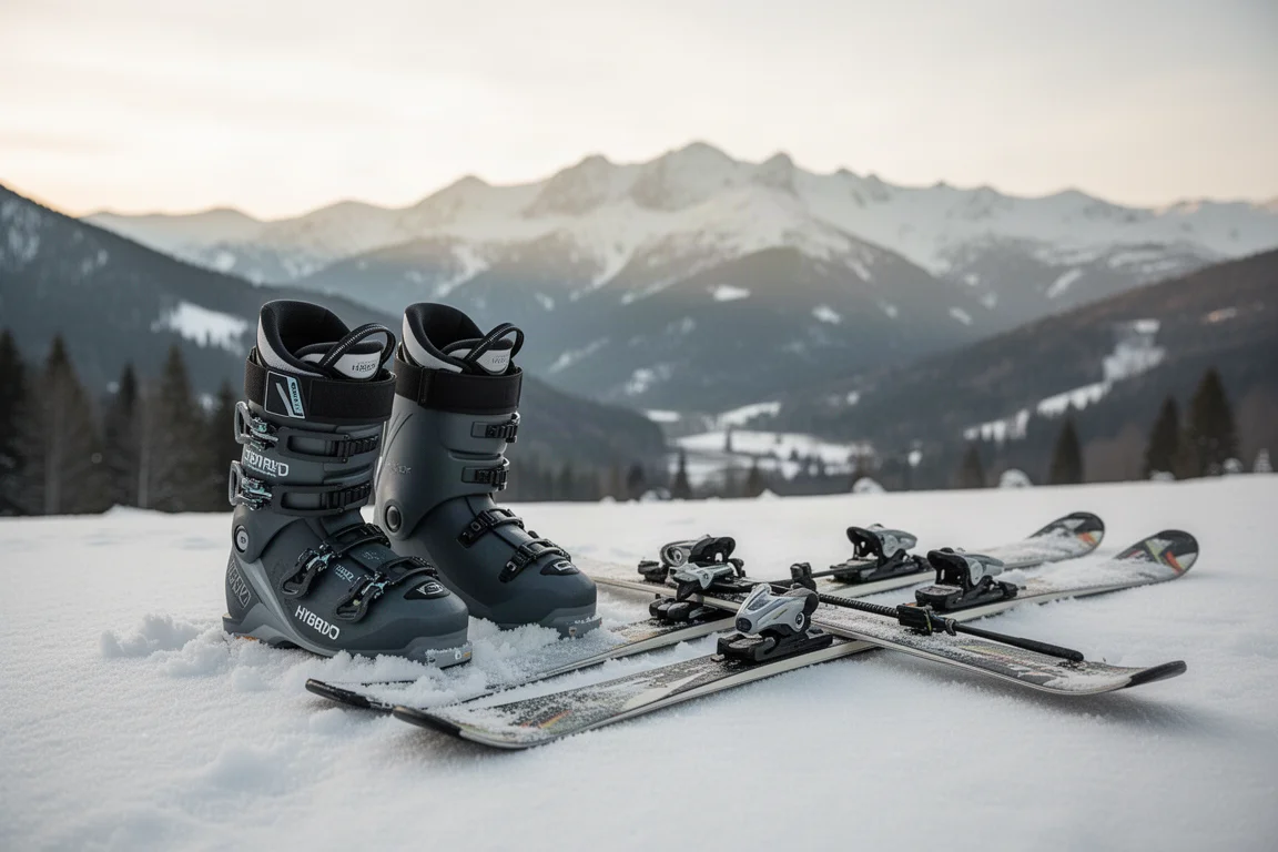 Paire de chaussures de ski hybrides et skis de randonnée posés sur la neige au départ d'un sentier