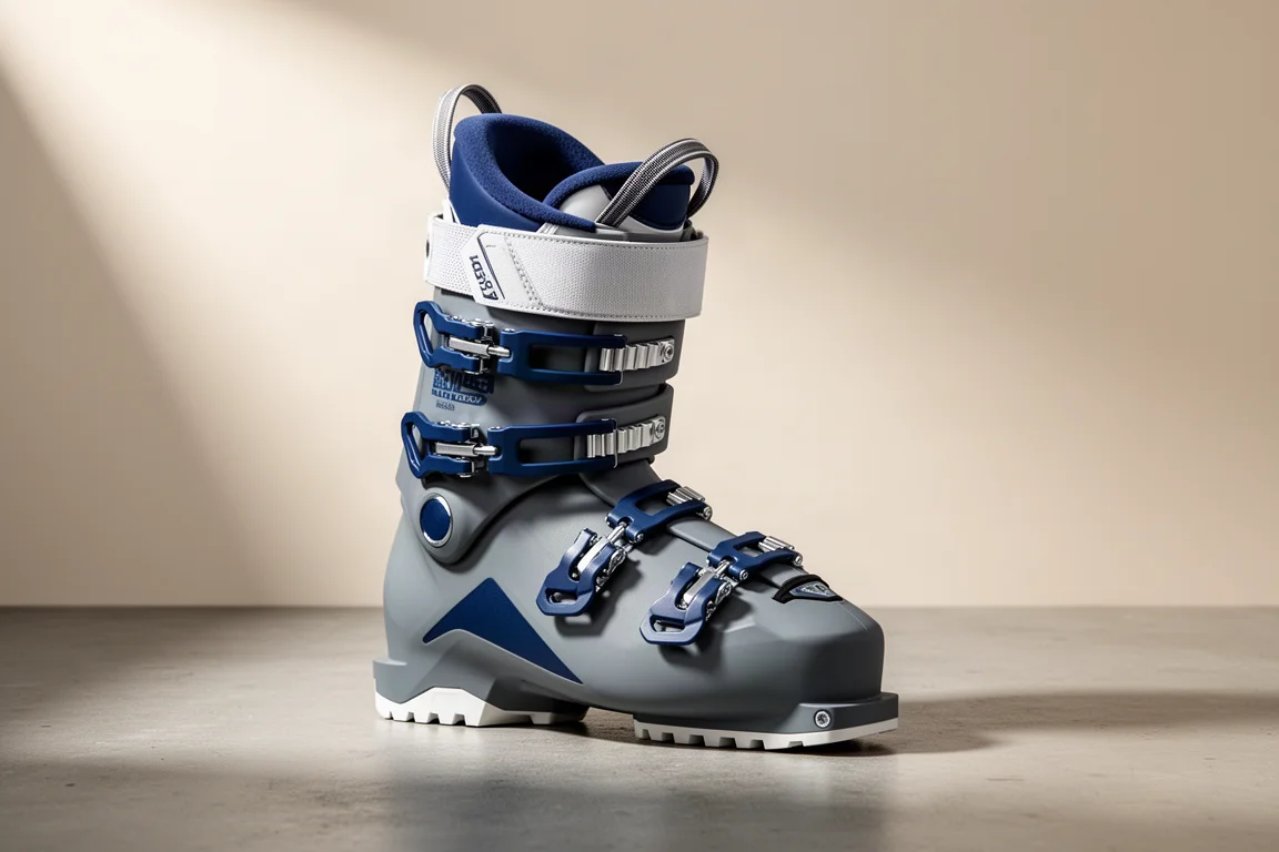 Chaussure de ski hybride pour femme avec quatre crochets, sangle de puissance et inserts tech aux orteils sur béton