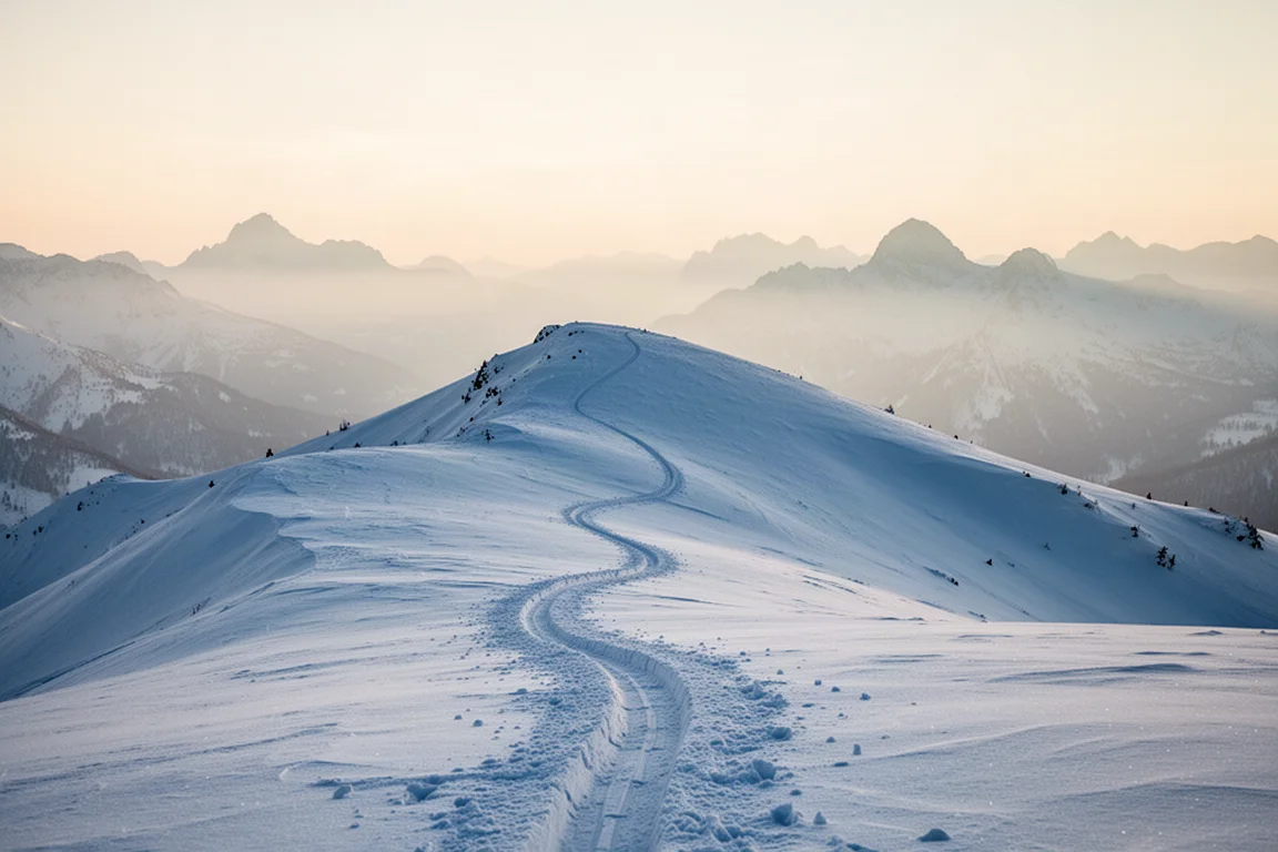 Fresh ski touring skin track curving across a snowy alpine slope at dawn with mountain ridges behind