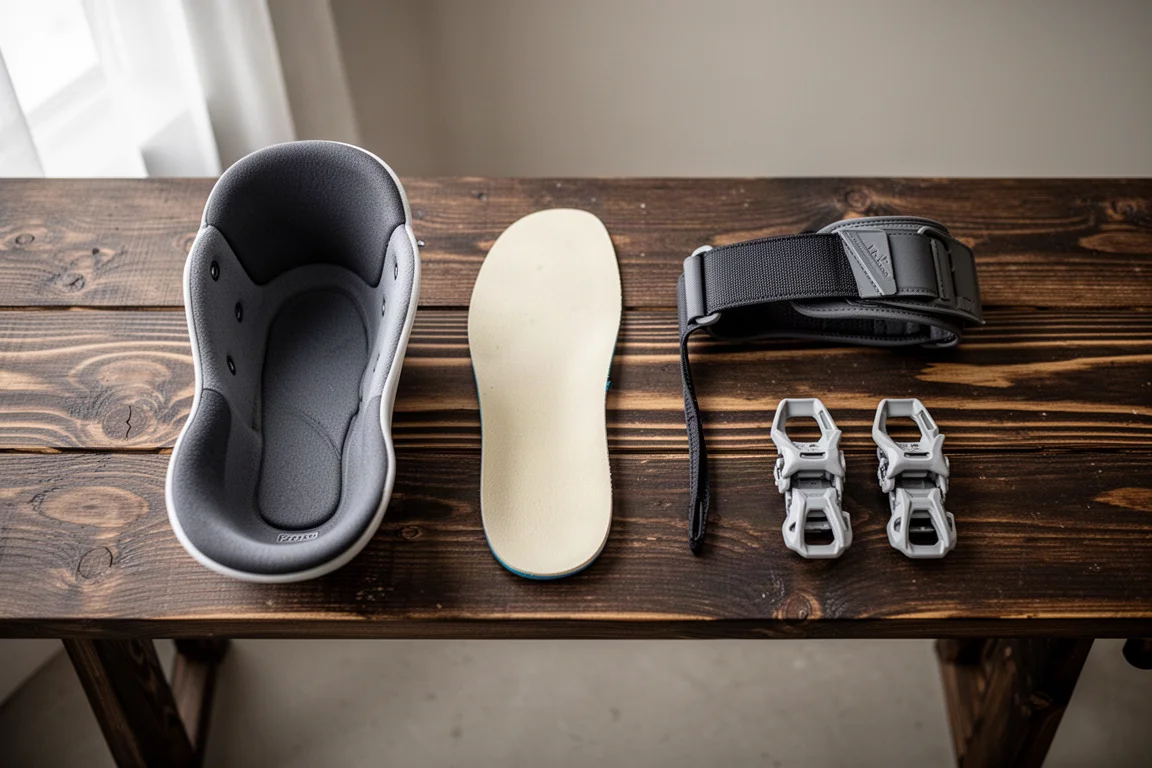 Overhead flat-lay of ski boot liner, footbed and power strap arranged on a dark wooden bench