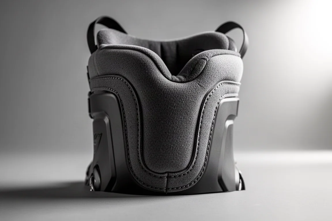 Close-up detail of a ski boot liner ankle area and rear hinge point in soft studio light