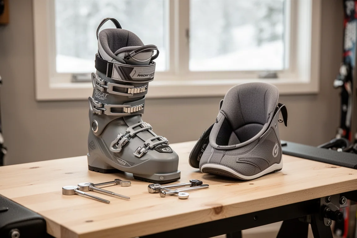 Ski shop bootfitting bench with shell, tools and liner laid out in warm interior light