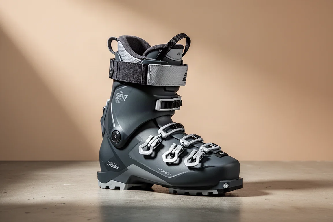 Scarpone ibrido da scialpinismo antracite con quattro gollette e strap di potenza su una superficie in cemento