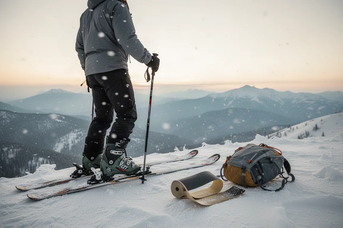 Skitourengeher auf einem Grat bei Sonnenaufgang mit Schuhen, Skiern und gefalteten Fellen