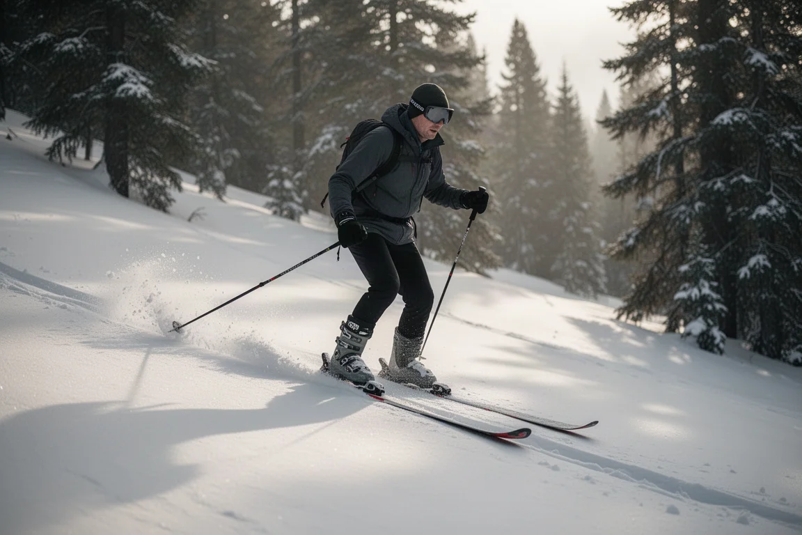 Skifahrer geht durch Pulverschnee bergauf, während der Schuhschaft nach vorne artikuliert