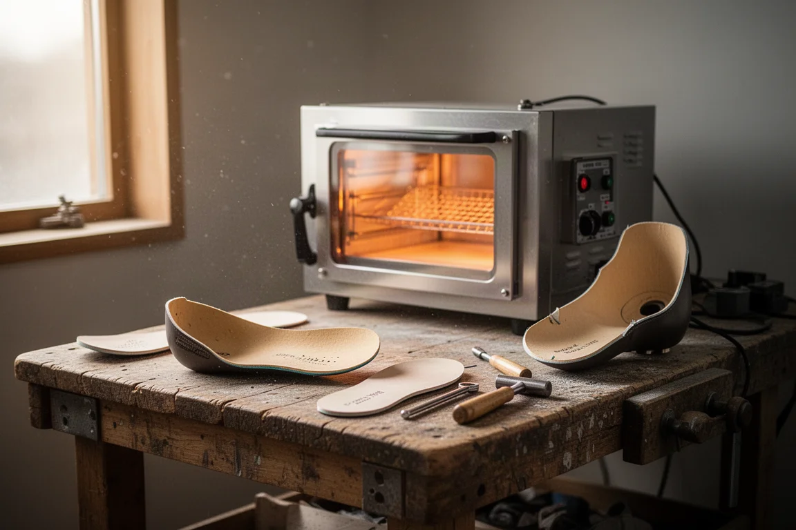 Werkbank eines Bootfitters mit beheiztem Schuchofen, thermoformbarem Innenschuh, Fußbett-Rohlingen und Werkzeugen